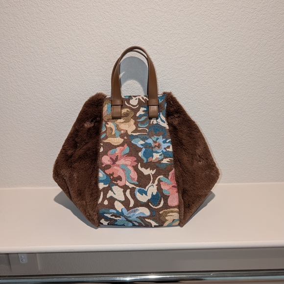 Anthropologie Brown Tote with Floral Tapestry Panel - Picture 4 of 7